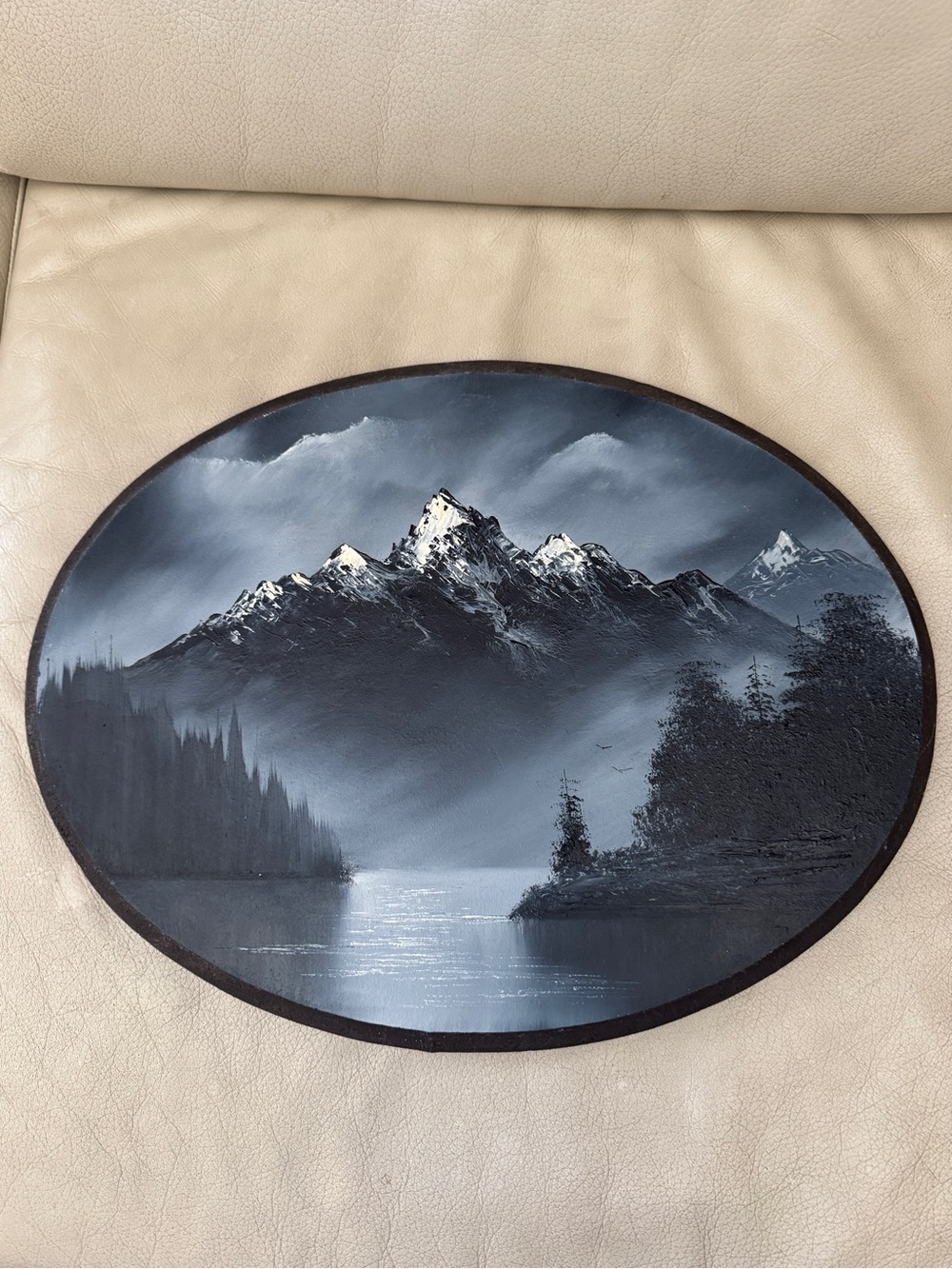 Misty Mountain Painting on wood Monochrome Mountain Lake Wall Art Oval